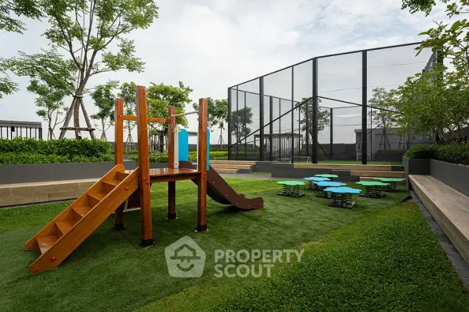 Modern rooftop garden with playground and lush greenery