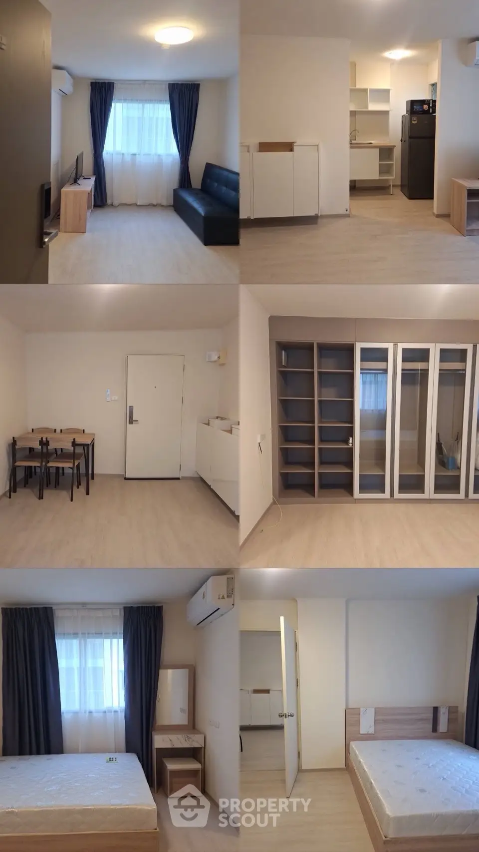 Modern apartment interior with spacious living room, cozy bedroom, and sleek kitchen design.
