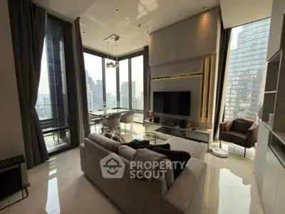 Luxurious modern living room with stunning city view and elegant decor