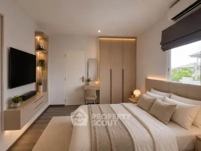 Modern bedroom with cozy decor, large window, and built-in storage solutions.