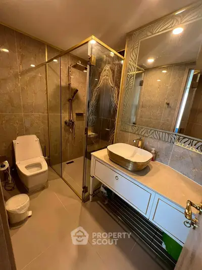 Luxurious modern bathroom with elegant glass shower and stylish fixtures