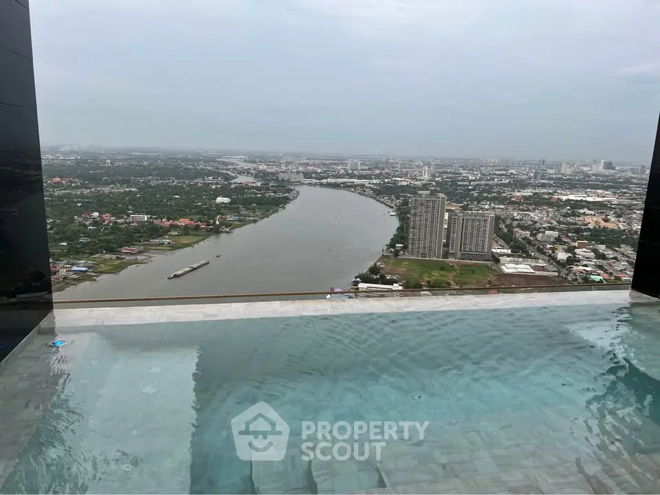 Stunning rooftop infinity pool with panoramic city and river views.