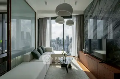 Luxurious modern living room with panoramic city view, elegant decor, and stylish furniture.