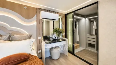Luxurious bedroom with modern design and walk-in closet