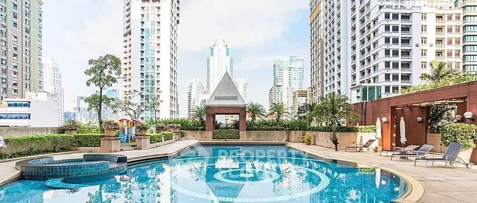 Luxurious rooftop pool with stunning cityscape views in a high-rise residential complex.