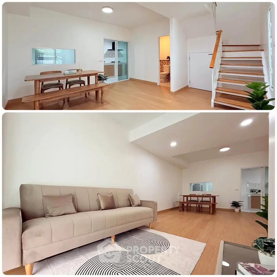 Spacious modern living room with elegant dining area and wooden staircase