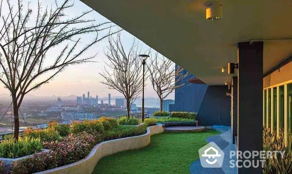 Stunning rooftop garden with panoramic city views and lush landscaping.