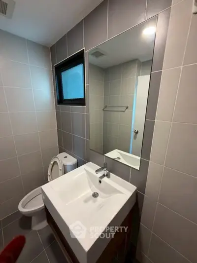 Modern bathroom with sleek sink and large mirror in stylish apartment.