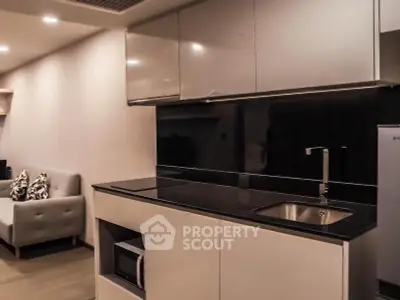 Modern kitchen with sleek black countertops and integrated appliances in stylish apartment.