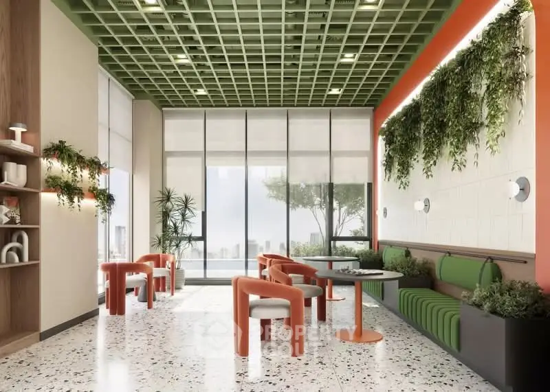 Modern living room with stylish furniture and green accents, featuring large windows and city view.