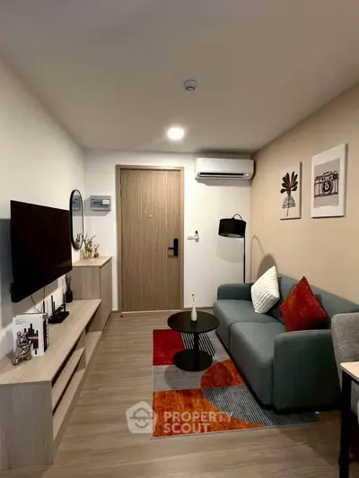 Modern living room with stylish decor and cozy seating area