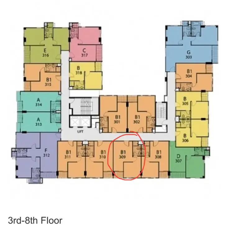 Floor plan layout for 3rd to 8th floor with unit B1 309 highlighted.