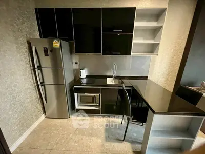 Modern kitchen with sleek black cabinets and stainless steel appliances