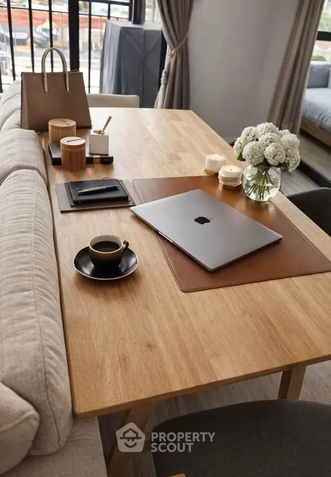 Stylish home office setup with wooden desk, laptop, and elegant decor in modern apartment.