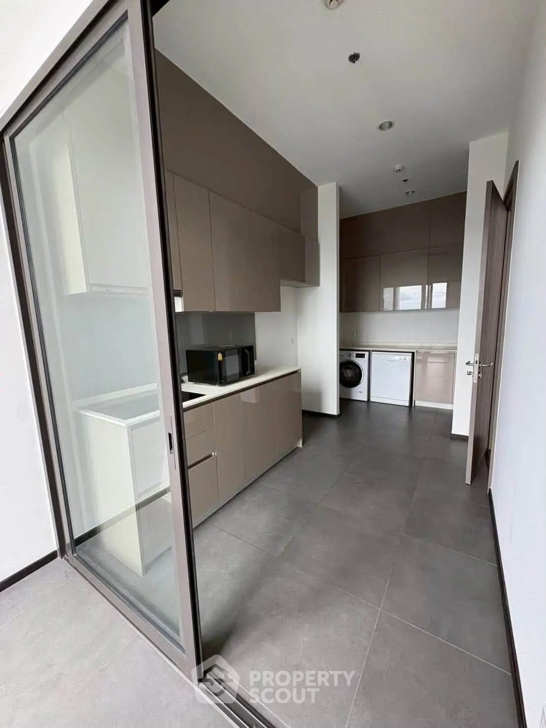 Modern kitchen with sleek cabinetry and built-in appliances in a contemporary apartment.