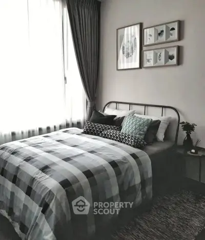 Cozy bedroom with modern decor and natural light