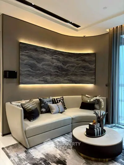 Luxurious modern living room with elegant decor and ambient lighting