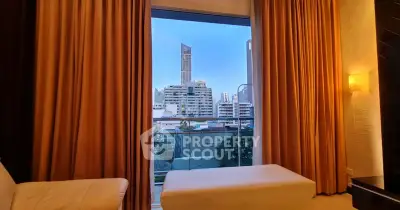 Luxurious living room with city view through large window and elegant curtains.