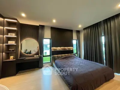 Luxurious modern bedroom with elegant decor and ambient lighting