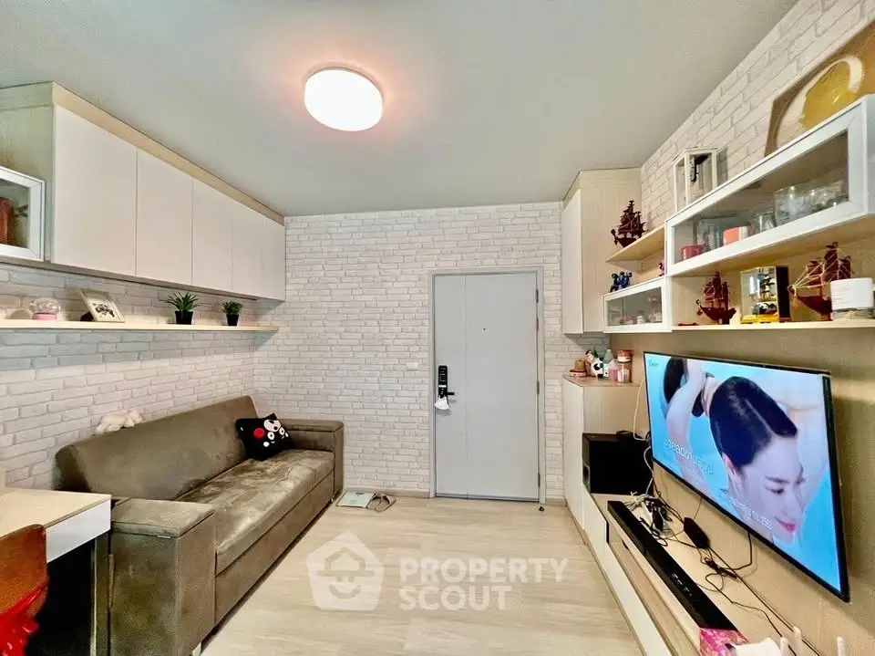 Modern living room with stylish decor and entertainment setup