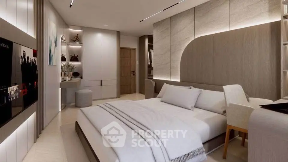Luxurious modern bedroom with elegant decor and ambient lighting