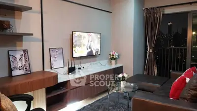 Modern living room with stylish decor and city view balcony