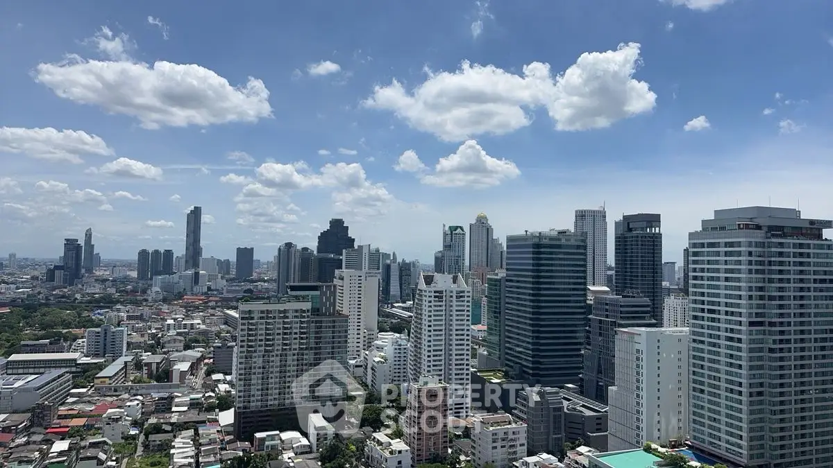 Stunning city skyline view with modern skyscrapers under a clear blue sky.