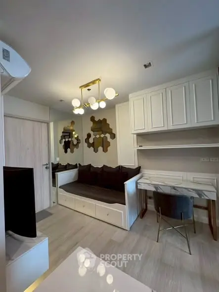 Modern living room with stylish decor and built-in storage solutions