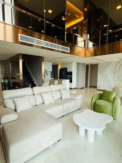 Luxurious modern living room with high ceilings and elegant decor