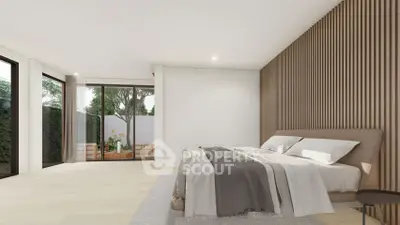 Spacious modern bedroom with large windows and elegant wood paneling