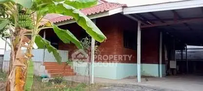 Charming rustic house with red roof and banana tree in front yard
