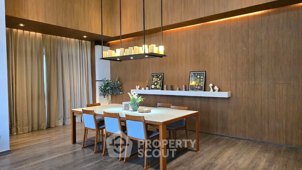 Elegant dining room with modern wooden decor and ambient lighting