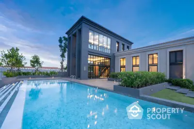 Luxurious modern home with expansive pool and large windows at dusk, showcasing elegant architecture and outdoor living space.