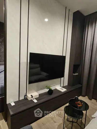 Modern living room with sleek TV setup and stylish decor