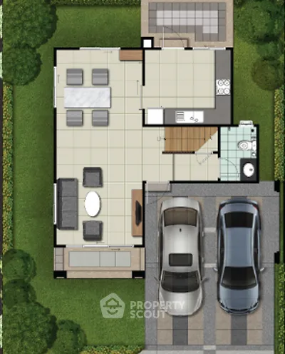 Modern floor plan with spacious living area and two-car garage, surrounded by lush greenery.