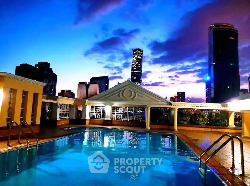 Stunning rooftop pool with city skyline view at dusk, perfect for luxury urban living.