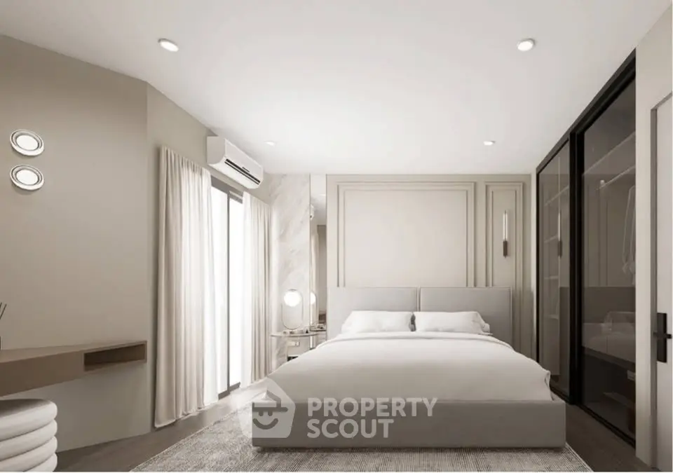 Modern bedroom with elegant design, featuring a large bed, soft lighting, and a spacious wardrobe.