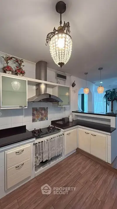 Charming kitchen with vintage chandelier and modern appliances, featuring a cozy open layout and elegant decor.