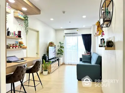 Modern living room with stylish decor and natural light, featuring a cozy sofa and elegant shelving.