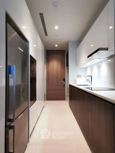 Modern kitchen with sleek cabinetry and stainless steel appliances in a luxury apartment.