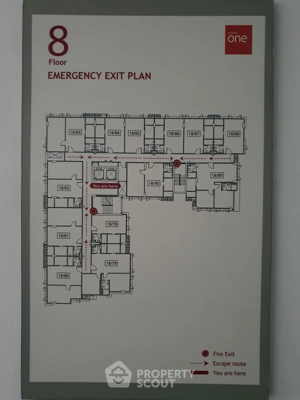 Detailed emergency exit plan for 8th floor with escape routes and fire exits marked.