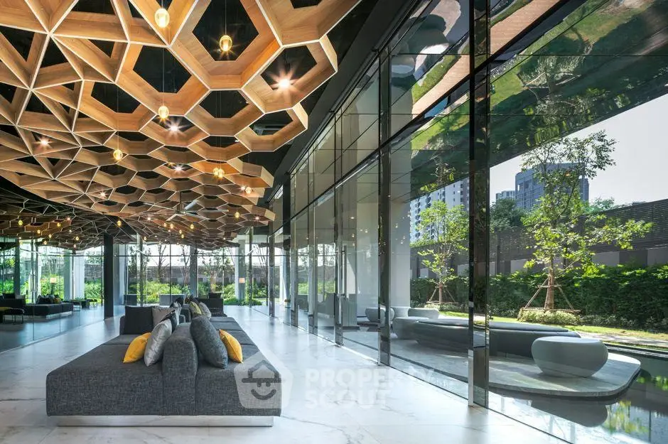 Luxurious modern living room with stunning ceiling design and garden view.