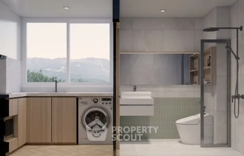 Modern bathroom with washing machine and scenic window view