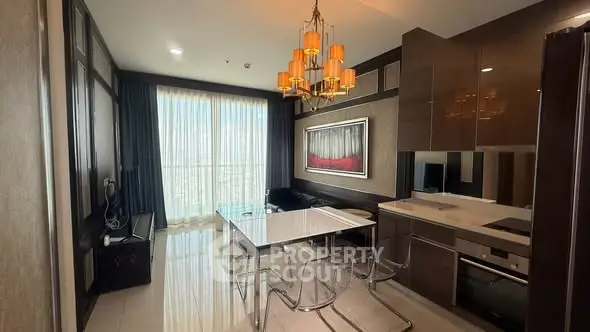 Luxurious modern living room with elegant dining area and stunning city view.