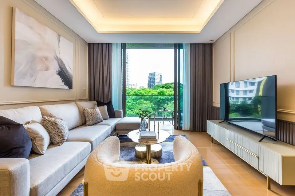 Luxurious living room with modern decor and stunning city view from large windows.