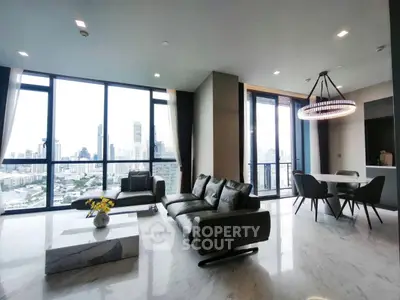 Luxurious modern living room with panoramic city views and elegant furnishings