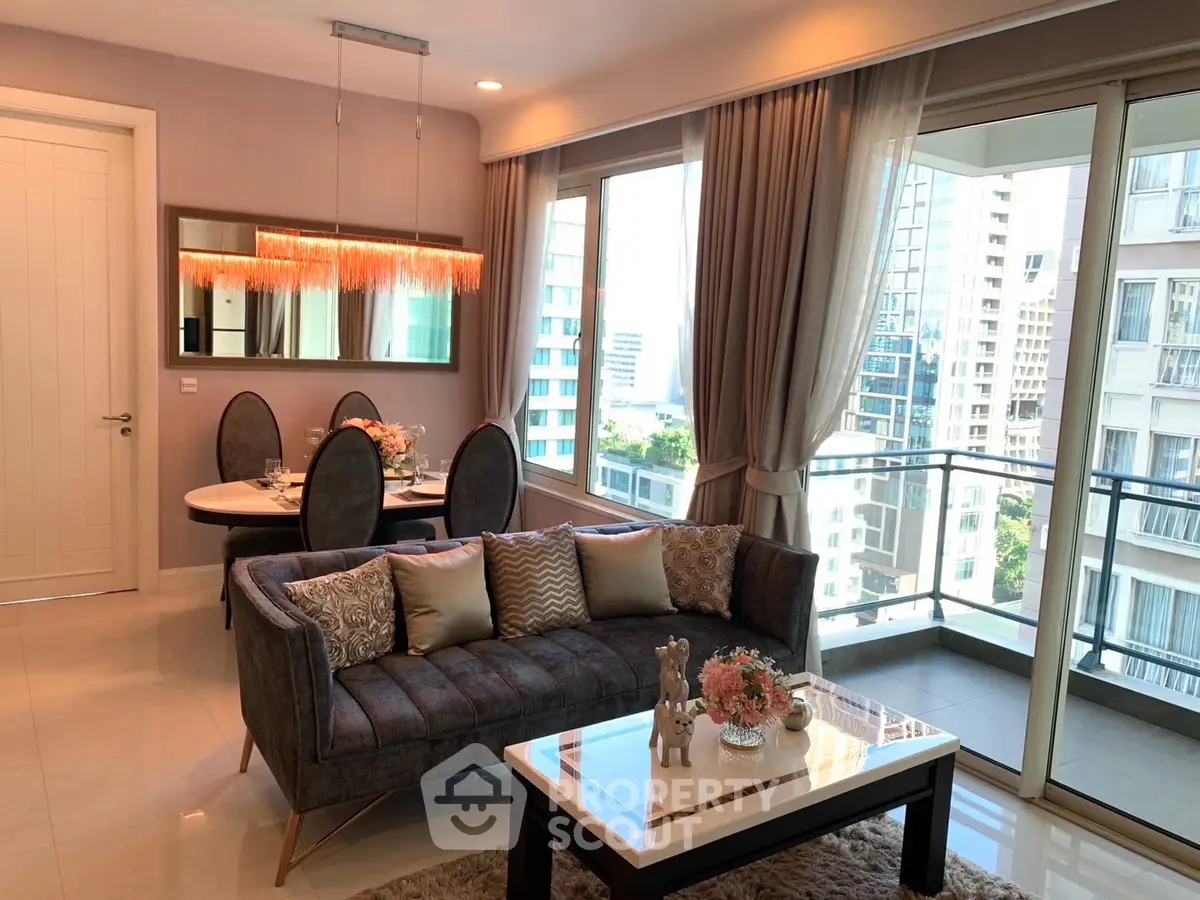 Luxurious living room with elegant decor and city view balcony in modern apartment