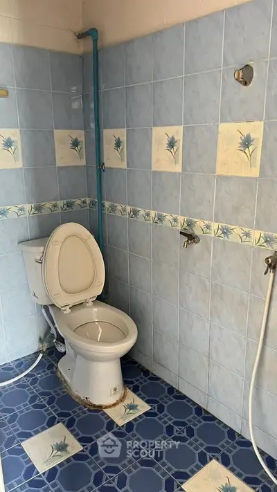 Charming bathroom with blue floral tiles and modern fixtures, perfect for a cozy home.