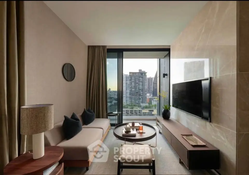 Modern living room with city view, sleek furniture, and large TV, perfect for urban living.