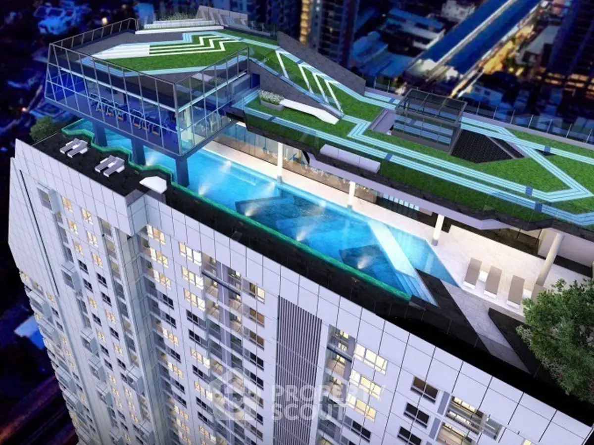Stunning rooftop pool and garden on modern high-rise building with city views.